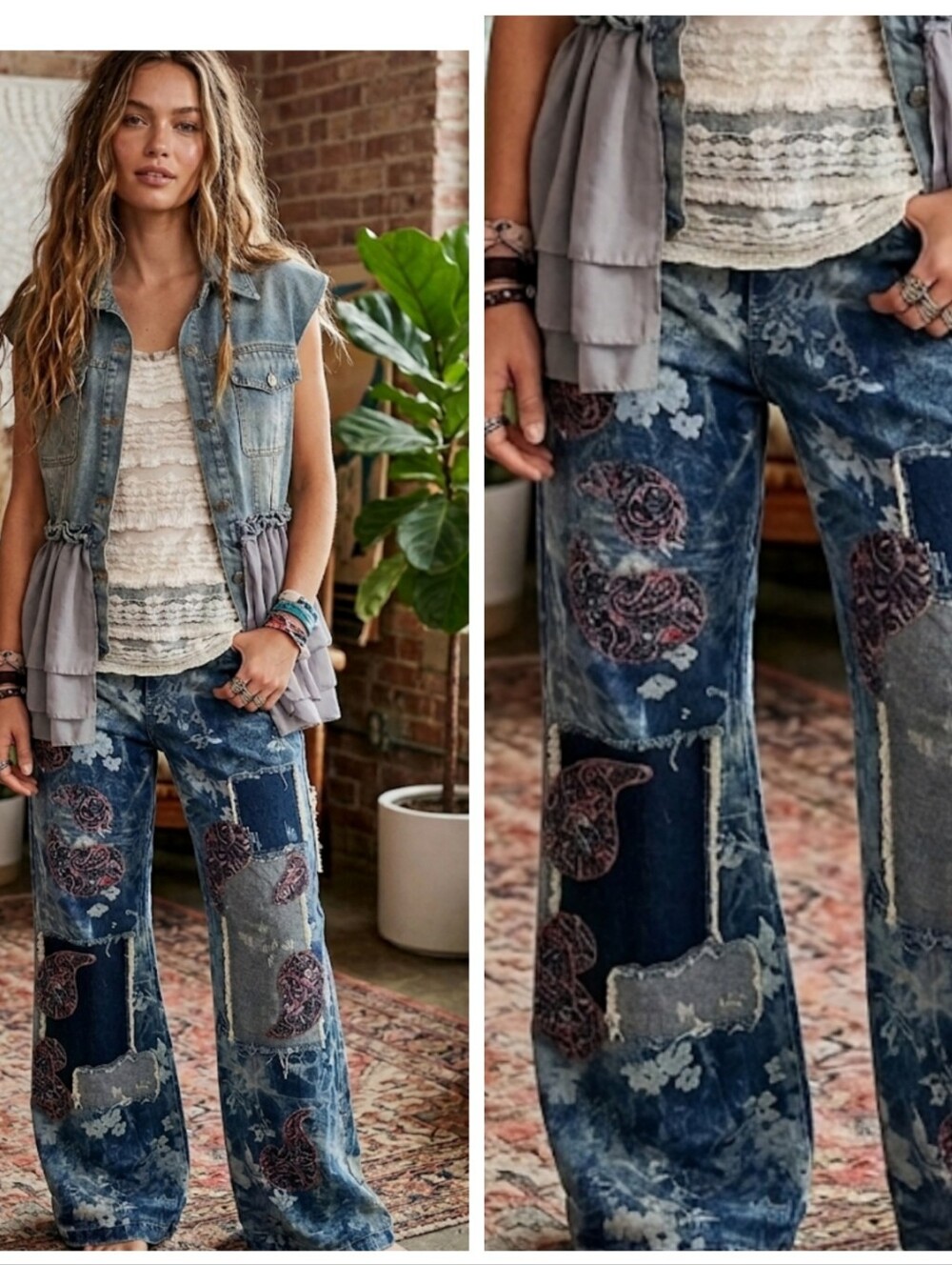 Oli & Hali Blue Floral Patchwork Paisley Vintage Wash Wide Leg Jeans - Picture 10 of 10